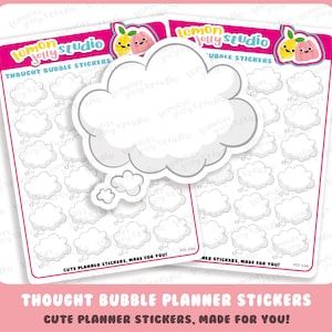May include: A sheet of white thought bubble planner stickers with a gray outline. The stickers are in the shape of clouds and have a cute, cartoon-like style. The sheet has the text "Thought Bubble Stickers" and "Cute Planner Stickers, Made for You!" printed on it.