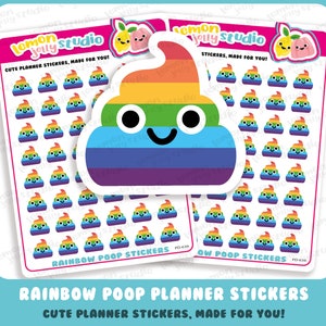 Może przedstawiać: Naklejki do planera z tęczową kupą. Arkusz naklejek z wzorem tęczowej kupy. Arkusz zawiera tekst "Rainbow Poop Stickers" i "Cute Planner Stickers, Made For You!"