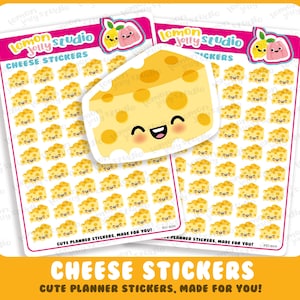Könnte beinhalten: Zwei Stickerbögen mit gelben Käsescheiben-Aufklebern mit lächelnden Gesichtern. Die Aufkleber sind von Lemon Jelly Studio. Der Text "CHEESE STICKERS" und "CUTE PLANNER STICKERS, MADE FOR YOU!" sind ebenfalls sichtbar.