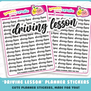 May include: A sheet of planner stickers with the text "Driving Lesson" repeated multiple times in a handwritten font. The stickers are white with black text and are designed for use in a planner.