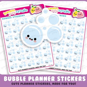 Peut inclure: Deux feuilles d'autocollants de planificateur à bulles avec une bordure rose. Chaque feuille présente de petites bulles bleues avec des visages souriants et une grande bulle avec un visage souriant. Le texte "Lemon Jelly Studio" et "Bubble Stickers" sont visibles.