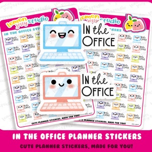 Puede incluir: Un conjunto de pegatinas de planificador coloridas con un ordenador de dibujos animados con el texto "In the Office". Las pegatinas están diseñadas para su uso en planificadores y diarios.