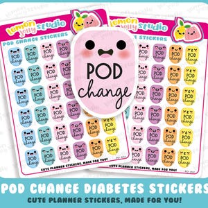 Può includere: Due fogli di adesivi colorati per planner con la scritta "POD change" e faccine carine. Gli adesivi sono in vari colori, tra cui blu, rosa, viola, arancione e giallo. Gli adesivi sono etichettati "POD CHANGE DIABETES STICKERS".