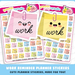 Puede incluir: Un conjunto de 36 pegatinas de planificador coloridas con un bloc de notas de dibujos animados sonriente con la palabra "trabajo" escrita en él. Las pegatinas están diseñadas para su uso en un planificador o diario.