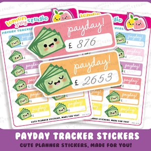 May include: A selection of colourful planner stickers with a "payday" theme. The stickers feature a cute cartoon stack of money and the text "payday!" with a space to write the amount in pounds. The stickers are in pink, orange, and yellow.