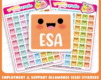 May include: A set of colorful planner stickers with a cute cartoon face and the text "ESA" in a square. The stickers are labeled "Cute Planner Stickers, Made for You!" and "E.S.A. Planner Stickers".