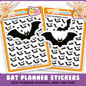 May include: Two sheets of Halloween-themed planner stickers. Each sheet features a large black bat with yellow eyes and numerous smaller bat silhouettes. The sheets have an orange border with a white lace design and the text "BATS PLANNER STICKERS".
