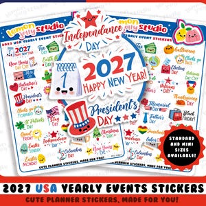 Pode incluir: Duas folhas de adesivos para planejador anual 2027 dos EUA com ícones de desenhos animados coloridos para feriados como o Dia da Independência, o Dia dos Presidentes e o Ano Novo. Os adesivos incluem etiquetas de texto e um emblema preto indicando os tamanhos padrão e mini disponíveis.