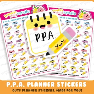 Könnte beinhalten: Ein Satz bunter Planer-Aufkleber mit einem gelben Notizblock mit dem Text "P.P.A." und einem gelben Bleistift mit einem rosa Radiergummi. Die Aufkleber sind für die Verwendung in einem Planer oder Tagebuch gedacht.