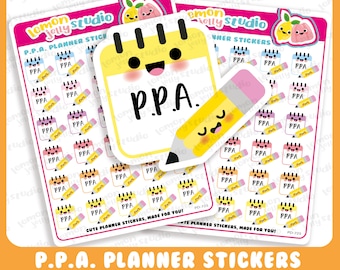 Könnte beinhalten: Ein Satz bunter Planer-Aufkleber mit einem gelben Notizblock mit dem Text "P.P.A." und einem gelben Bleistift mit einem rosa Radiergummi. Die Aufkleber sind für die Verwendung in einem Planer oder Tagebuch gedacht.