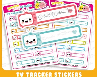 May include: A set of colorful TV tracker stickers featuring a cartoon television with a smiling face. The stickers are designed for use in a planner or journal to track TV shows. The stickers include the text "TV Tracker Stickers" and "Cute Planner Stickers, Made for You!"