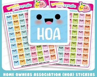 May include: A set of colorful planner stickers with a cute cartoon face and the text "HOA" on each sticker. The stickers are designed for home owners associations and feature a variety of colors and designs.