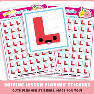 May include: A sheet of planner stickers featuring a red L with a cute face. The stickers are designed for driving lessons and have the text "Driving Lesson Planner Stickers" and "Cute Planner Stickers, Made for You!"