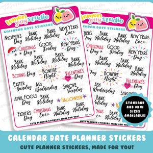 24 adesivos fofos para calendário com eventos/datas/feriados/feriados bancários do Reino Unido.
