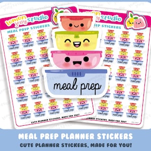 Könnte beinhalten: Eine Blatt mit bunten Meal-Prep-Planer-Aufklebern mit einem Stapel süßer, cartooniger Behälter mit lächelnden Gesichtern. Die Aufkleber sagen "Meal Prep" und "Süße Planer-Aufkleber, gemacht für dich!"