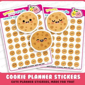 May include: A sheet of cute cookie planner stickers with a variety of smiling cookie faces. The sheet includes a large cookie sticker with the text "Cookie Planner Stickers, Made for You!"