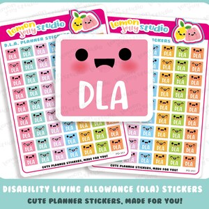 Könnte beinhalten: Ein Satz bunter Planer-Aufkleber mit dem Text "D.L.A. Planner Stickers, Made for You!" und "Disability Living Allowance (DLA) Stickers, Cute Planner Stickers, Made for You!" Die Aufkleber zeigen eine Vielzahl von niedlichen Gesichtern mit verschiedenen Ausdrücken.