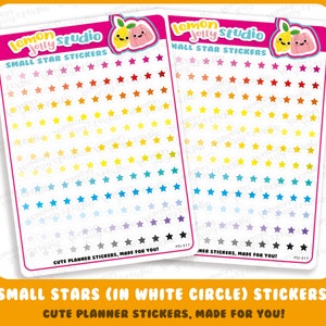 May include: A sheet of small star stickers in a rainbow of colours. The stickers are arranged in rows, with each row featuring a different colour. The colours are red, orange, yellow, green, blue, indigo, and violet. The sheet is labelled "Small Star Stickers" and "Cute Planner Stickers, Made for You!"