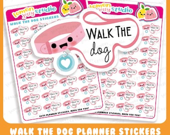 May include: Pink and blue planner stickers with a dog collar design. The stickers say "Walk the Dog" and are labelled "Cute Planner Stickers, Made for You!"
