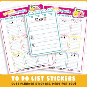 May include: Sheets of colorful to-do list stickers with cute, smiling notepad designs. Each sticker sheet features multiple notepads with lines for writing. The text "TO DO LIST STICKERS" and "CUTE PLANNER STICKERS, MADE FOR YOU!" is also visible.