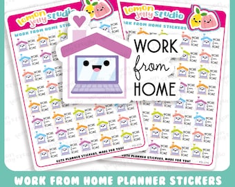 May include: A set of 50 colorful planner stickers featuring a laptop with a house on top and the text "Work from Home". The stickers are designed for use in a planner or journal.