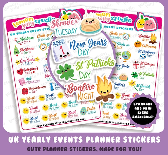 30 Cute UK Yearly Events/Dates/Holidays/Calendar/Bank Holidays Planner Stickers