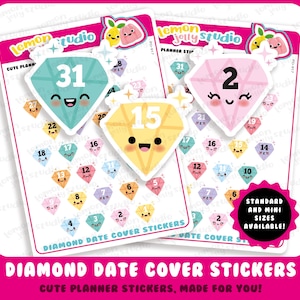 May include: Two sheets of diamond-shaped planner stickers featuring pastel colours and cute faces. Each sticker displays a number from 1 to 31. The sheets include the text Lemon Jelly Studio, Diamond Date Cover Stickers, and Standard and Mini Sizes Available.