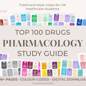 Guía de estudio de los 100 fármacos principales de farmacología / Apuntes de farmacología (Reino Unido) / Estudiantes de medicina, enfermería y atención médica / Descarga digital en PDF