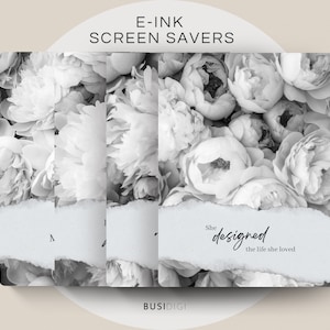 May include: Black and white image of a bouquet of peonies with a text overlay that reads "She designed the life she loved".