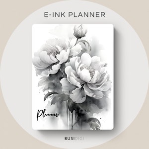 May include: Black and white watercolor illustration of peonies with the word "Planner" in a handwritten font. The image is titled "E-INK PLANNER" and has the text "BUSIDIGI" at the bottom.