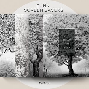 May include: Three black and white digital illustrations of trees with the text "It's okay to rest" on the rightmost image.