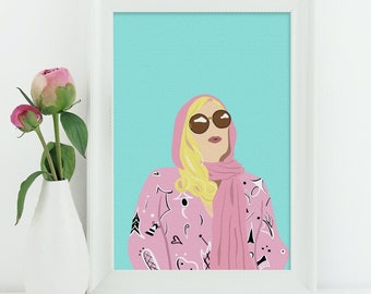 May include: A digital illustration of a woman wearing a pink patterned jacket and a pink scarf. She has blonde hair and is wearing sunglasses. The background is a light blue color.