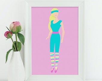 May include: A framed illustration of a cartoon doll wearing a turquoise outfit with a pink belt, yellow and white striped socks, and a pink headband. The background is pink.
