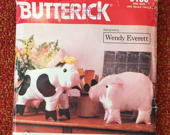 Butterick 6156 Vintage Sewing Pattern, Stuffed Animals, Pig, Cow, Sheep, Cat, Farm Animals, designed by Wendy Everett, Uncut