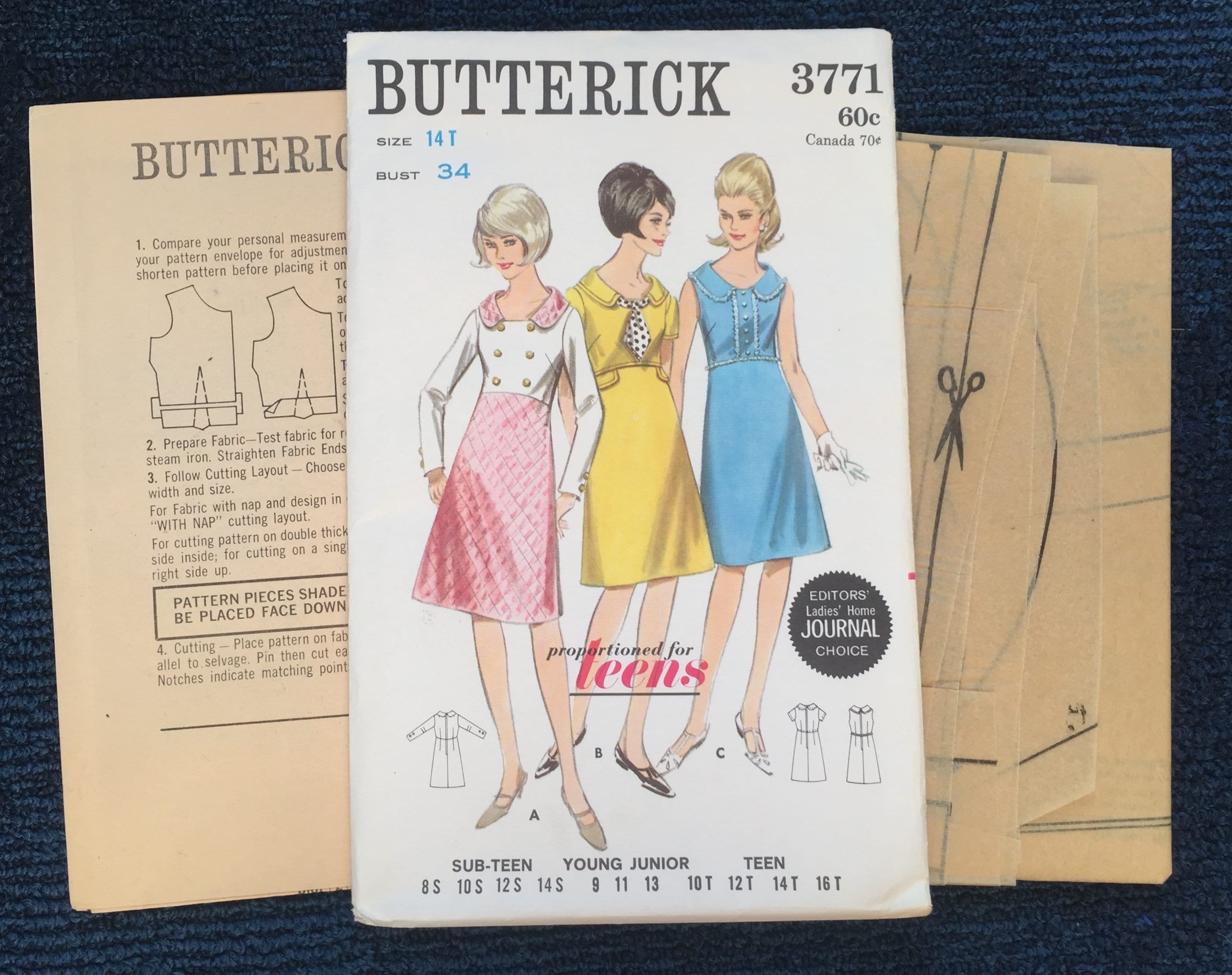 Vintage 60s Dress Sewing Pattern, Butterick 3771, One Piece Dress, Semifitted, Slight Aline