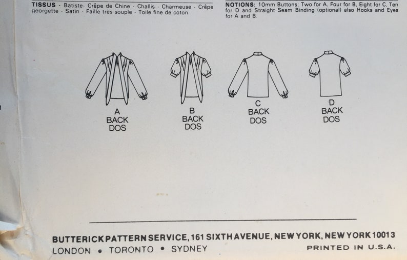 Vintage 80s Womens Blouse, Sewing Pattern, Butterick 3936, Very Loose-fitting Blouse, Standing collar with Tie ends Size 8 Bust 31 1/2 Cut image 6