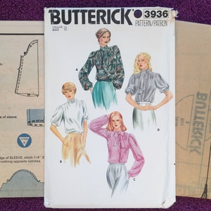 Vintage 80s Womens Blouse, Sewing Pattern, Butterick 3936, Very Loose-fitting Blouse, Standing collar with Tie ends Size 8 Bust 31 1/2 Cut image 2