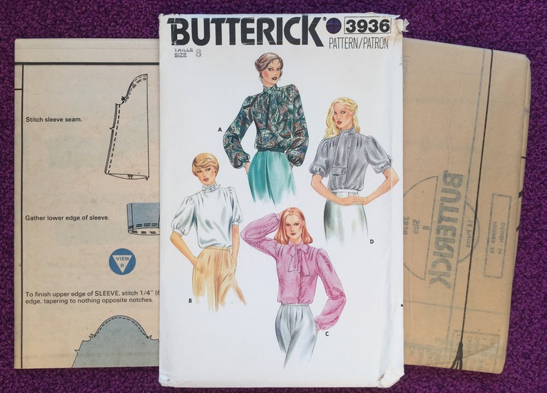 Vintage 80s Womens Blouse, Sewing Pattern, Butterick 3936, Very Loose-fitting Blouse, Standing collar with Tie ends Size 8 Bust 31 1/2 Cut image 2