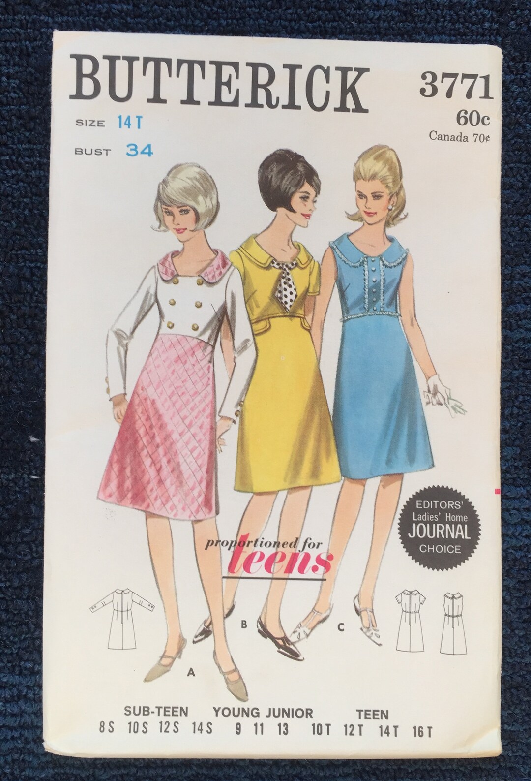 Vintage 60s Dress Sewing Pattern, Butterick 3771, One Piece Dress, Semifitted, Slight Aline