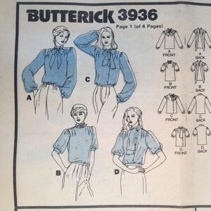 Vintage 80s Womens Blouse, Sewing Pattern, Butterick 3936, Very Loose-fitting Blouse, Standing collar with Tie ends Size 8 Bust 31 1/2 Cut image 7