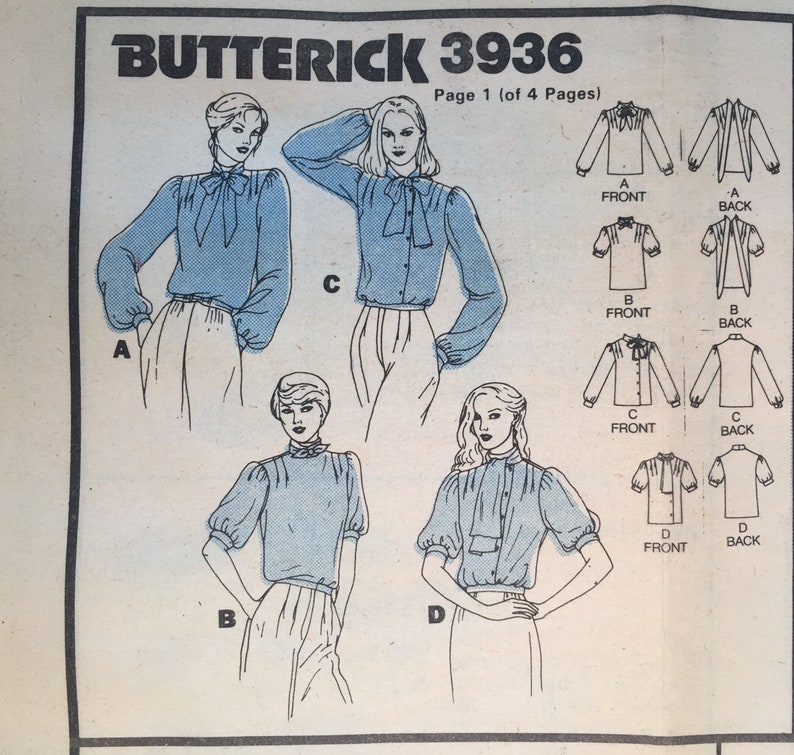 Vintage 80s Womens Blouse, Sewing Pattern, Butterick 3936, Very Loose-fitting Blouse, Standing collar with Tie ends Size 8 Bust 31 1/2 Cut image 7