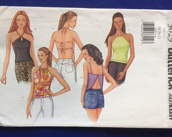 Ladies Summer Top, Sewing Pattern, Butterick 3029, Tank, Drawstring Neck, Halter, Elastic Back, Open Back Shirt, Plus Sizes 18-20-22, Uncut