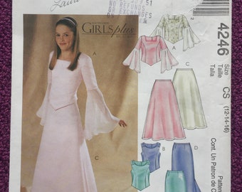 Girl’s Formal Outfits Sewing Pattern, Girls Juliette Sleeve Blouses, Sleeveless Tops, Flared Skirts, Overskirt & Stole, Sizes 12-14-16 Uncut