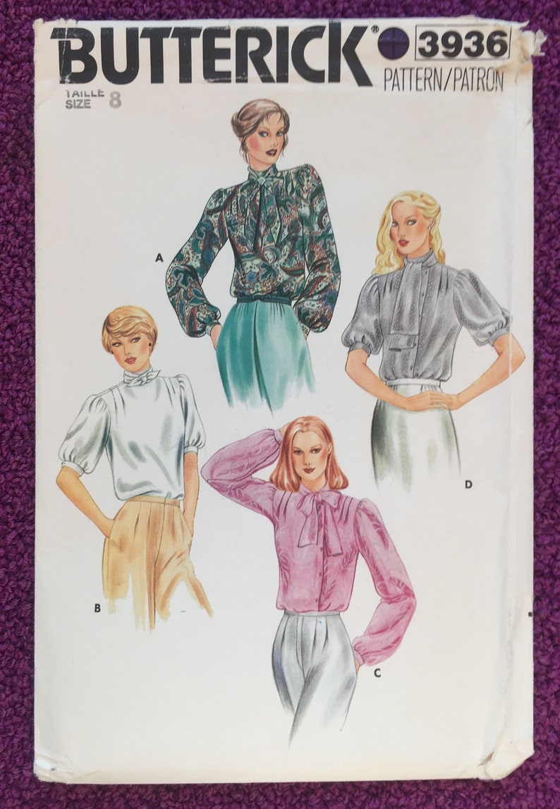 Vintage 80s Womens Blouse, Sewing Pattern, Butterick 3936, Very Loose-fitting Blouse, Standing collar with Tie ends Size 8 Bust 31 1/2 Cut image 1