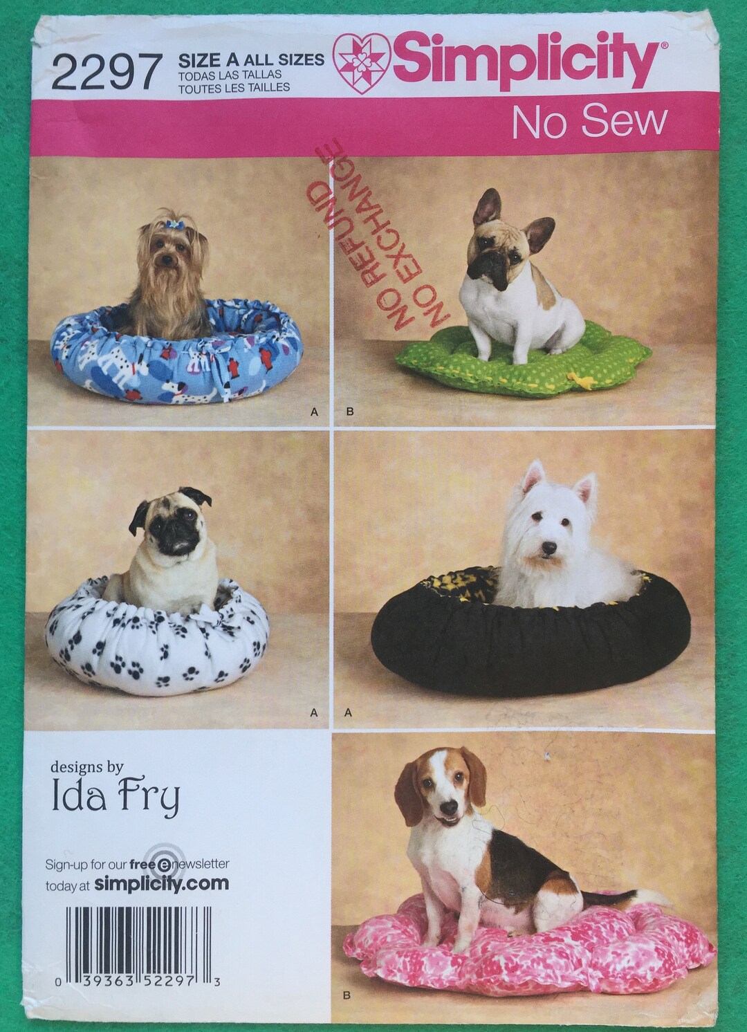 Pet Bed Sewing Pattern, Simplicity 2297, Cat & Dog Nosew Beds,round Pet Beds, Flat Pet Mat, XS