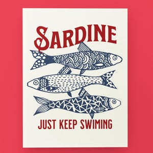 Sardine Print - Printable Poster – Retro Sardines Wall Art - Doodle Sardines A4 Print – Just Keep Swimming - Fish Wall Art - Retro Decor