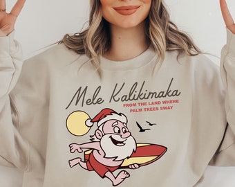 Mele Kalikimaka Hawaii Sweatshirt, Hawaiian Christmas Sweater, Surfing Santa Shirt, Happy New Year, Xmas Gift, Family Holiday Sweatshirt