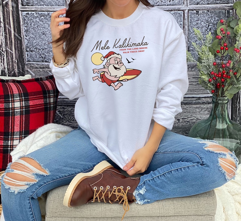 Mele Kalikimaka Hawaii Sweatshirt, Hawaiian Christmas Sweater, Surfing Santa Shirt, Happy New Year, Xmas Gift, Family Holiday Sweatshirt image 3