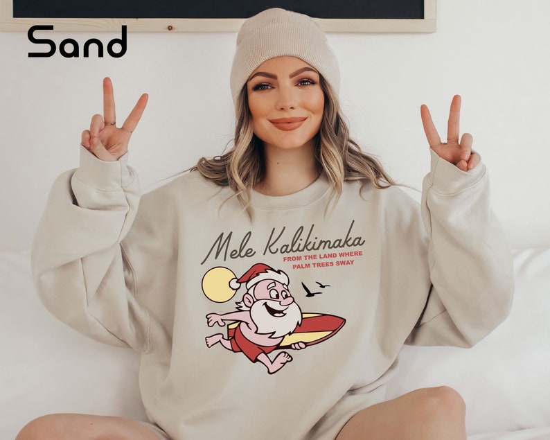 Mele Kalikimaka Hawaii Sweatshirt, Hawaiian Christmas Sweater, Surfing Santa Shirt, Happy New Year, Xmas Gift, Family Holiday Sweatshirt image 1