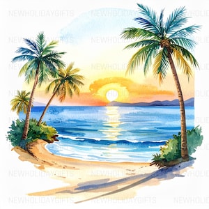 Watercolor Sunset Beach Clipart: Palms & Tropical PNGs (Digital Download